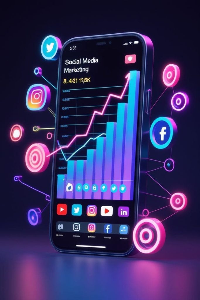Illustration representing digital marketing services with social media icons, SEO analytics charts, content creation, and online advertising elements, showcasing a modern digital strategy for businesses."