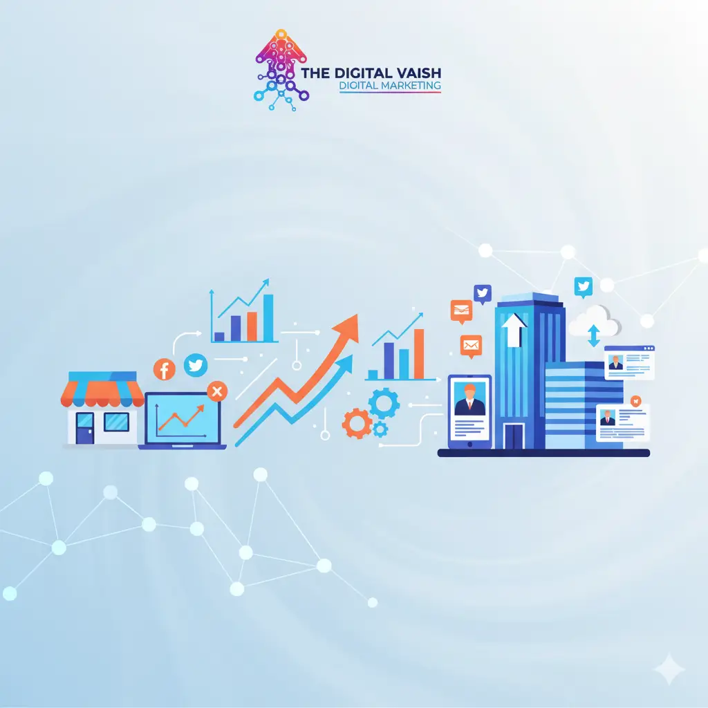 Small business growing through digital marketing strategies with graphs, ads, and social media icons – The Digital Vaish