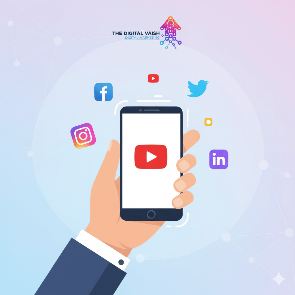 Person scrolling on smartphone with social media icons and digital marketing elements – Your next customer is scrolling right now – The Digital Vaish